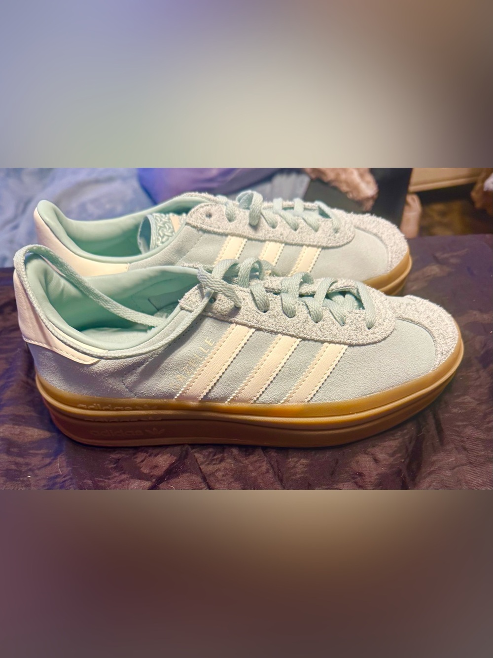 adidas Women’s Mint Green Suede Sneakers with White Stripes